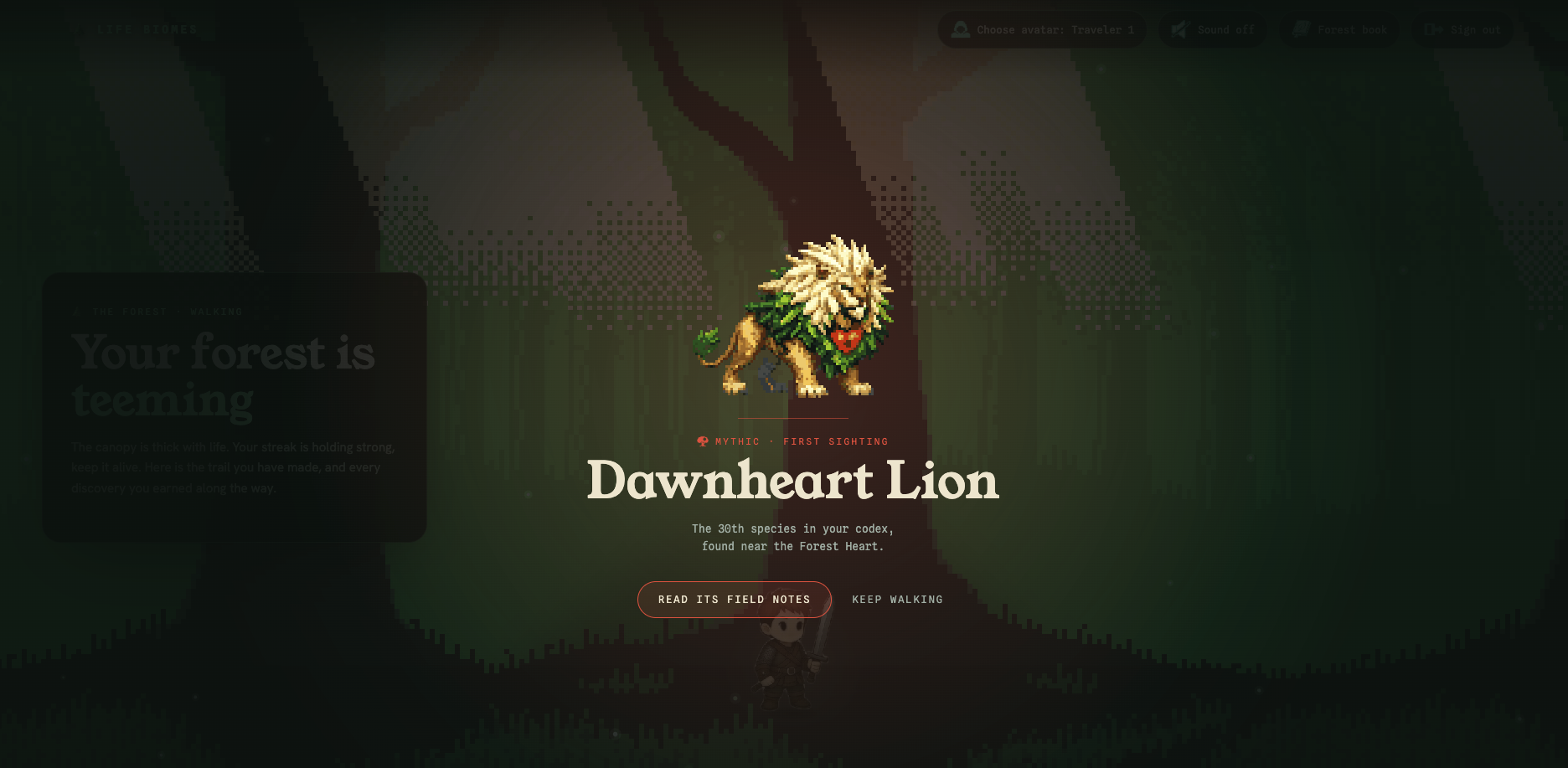 A first sighting: a Dawnheart Lion resolving out of the dark, labelled Mythic, the thirtieth species in the codex.