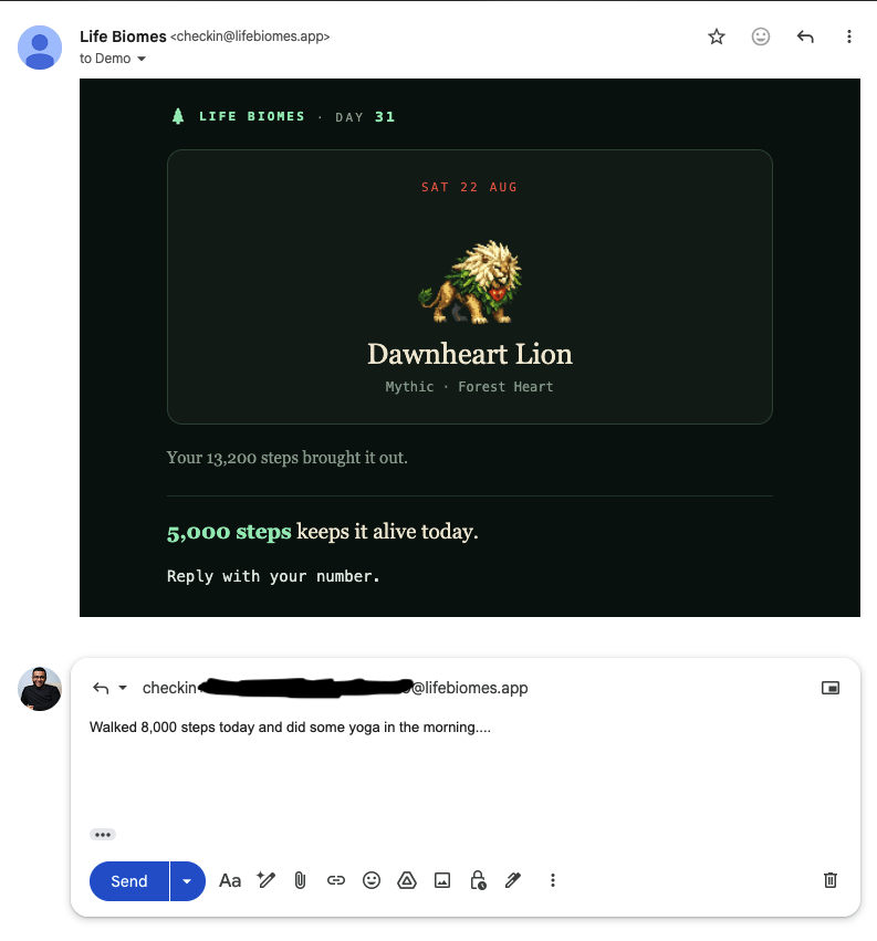 A Life Biomes check-in email open in Gmail, with a reply already typed underneath it.