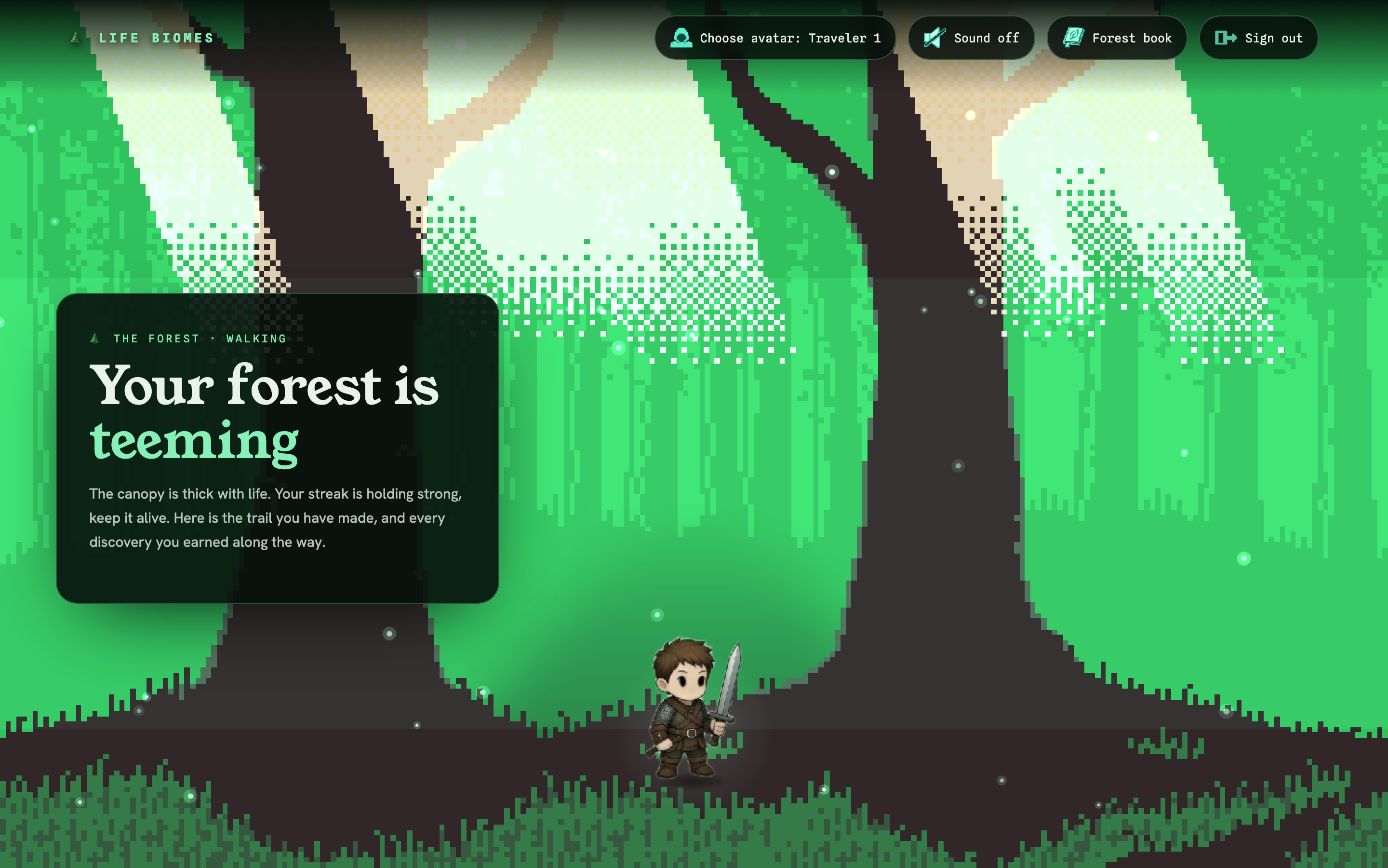 The Life Biomes dashboard: a pixel-art forest at its teeming stage, with a small traveller on the trail.